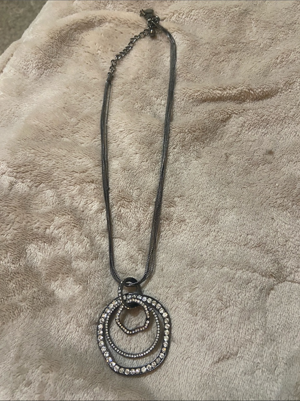 Chico's Gunmetal Triple Ring Crystal Pendant Necklace